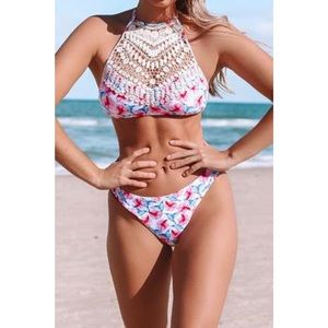 Pink Skies Crochet High Neck Bikini